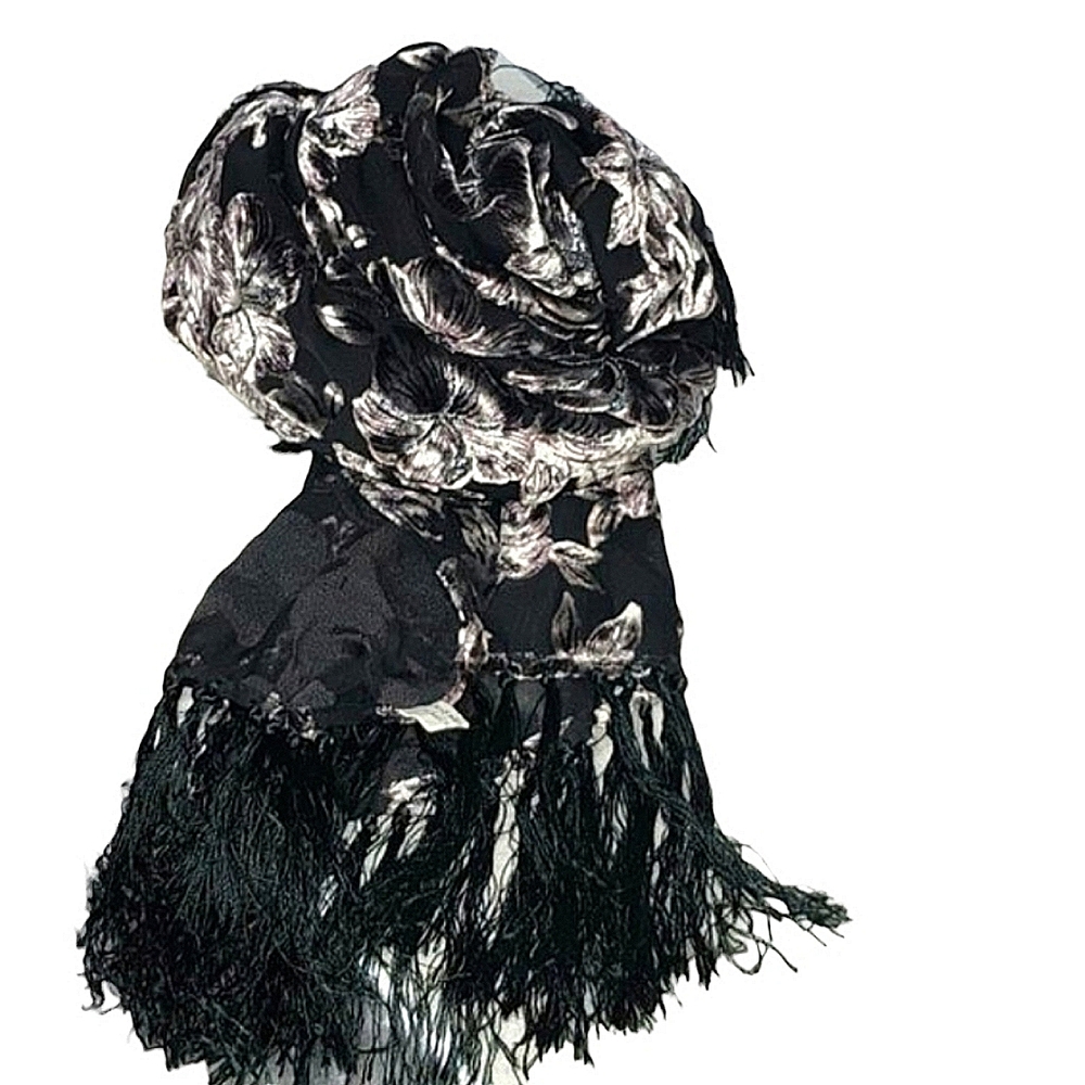 Formal scarf Black silver pure silk mesh chiffon rayon silver embroidery 170x50 - Picture 1 of 8